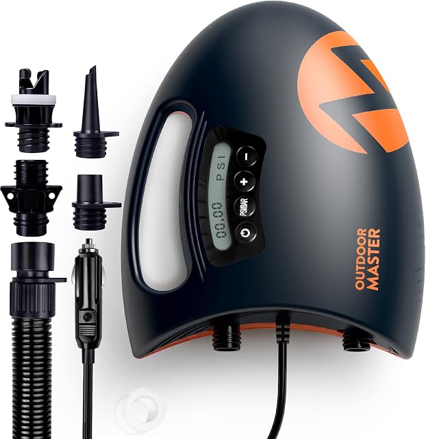 OutdoorMaster Wysokociśnieniowa pompa SUP The Shark - elektryczna pompa powietrza z aktywnym systemem chłodzenia 20 PSI, inteligentne, dwustopniowe nadmuchiwanie i automatyczne wyłączanie do nadmuchiwanych desek wiosłowych, z C7