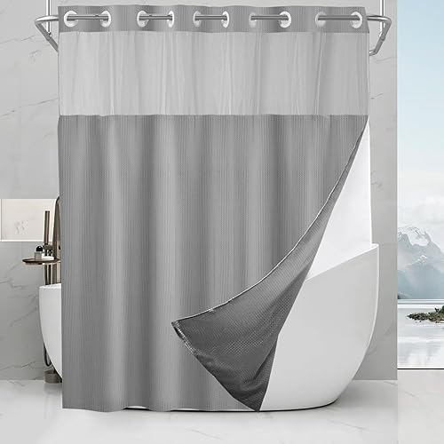 Vista 184 de Cortina de ducha de tortugas marinas, temática náutica de playa, verde y verde azulado, sin ganchos, punto gofre y forro desmontable, decoración