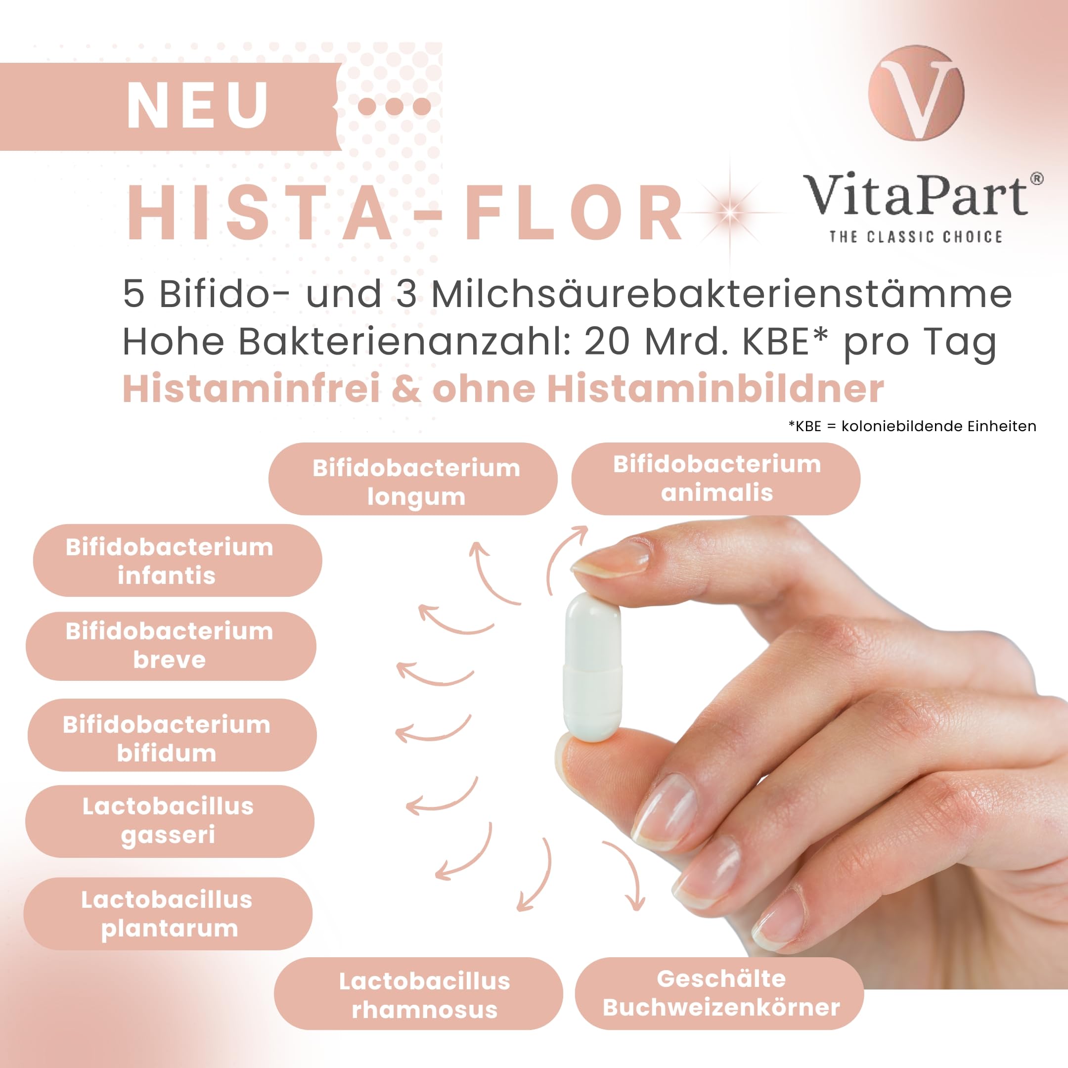 Hista-Flor - 60 Kapseln bei Histaminintoleranz, 20 Mrd. Bifidobakterien und Milchsäurebakterien, magensaftresistent und mikroverkapselt, vegan, frei von Histamin, Laktose, Fruktose und Gluten