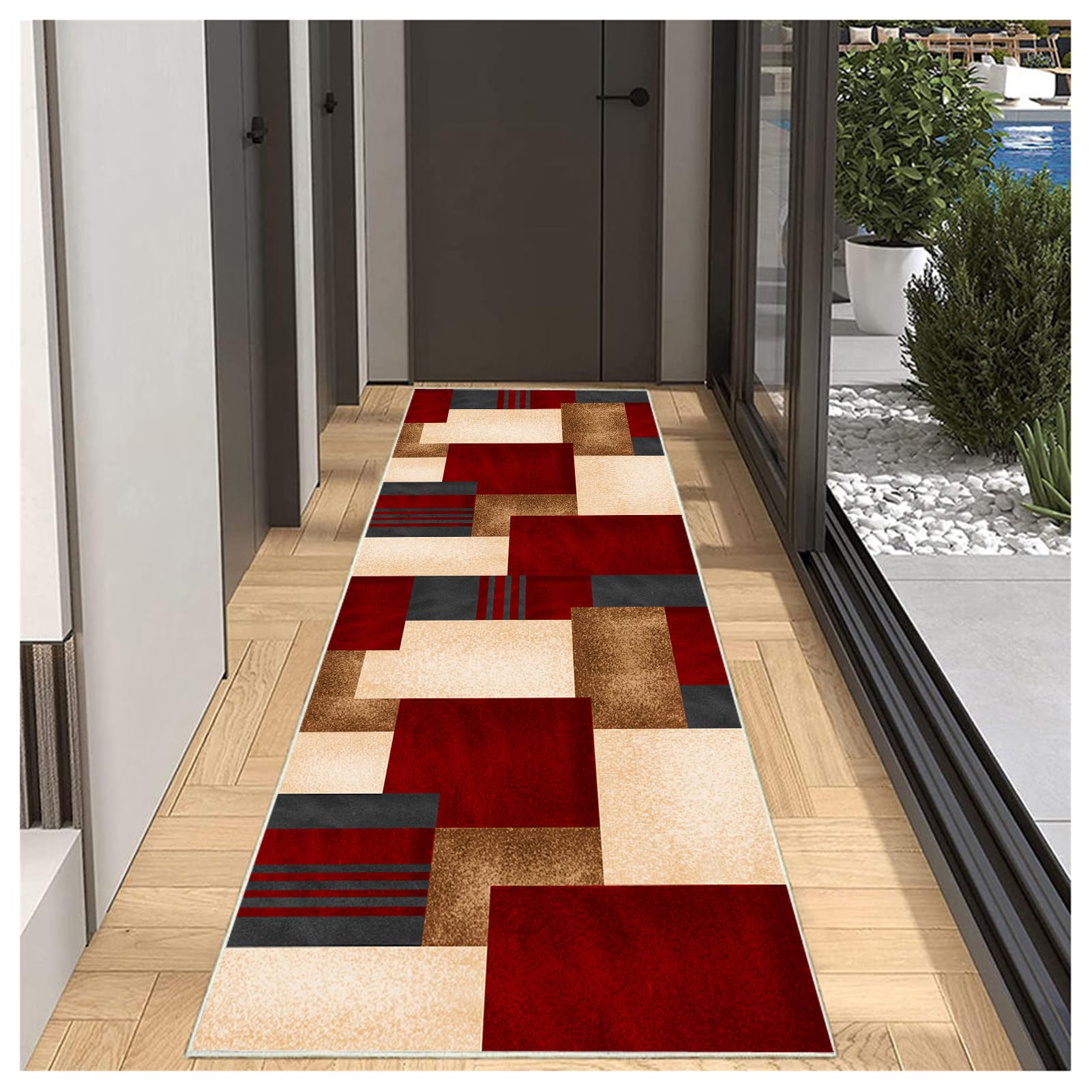Tappeto Passatoia per Cucina e Corridoio 50x350cm in Borgogna Beige - Tappeto Antiscivolo Lavabile Moderno a Pelo Corto, Design Geometrico per Soggiorno, Lavanderia, Entrata e Camera da Letto