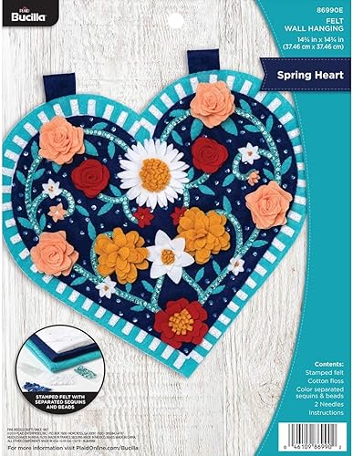 Bucilla Kit de fieltro para colgar en la pared, 14.75 x 14.75 pulgadas, corazones de primavera con flores 3D