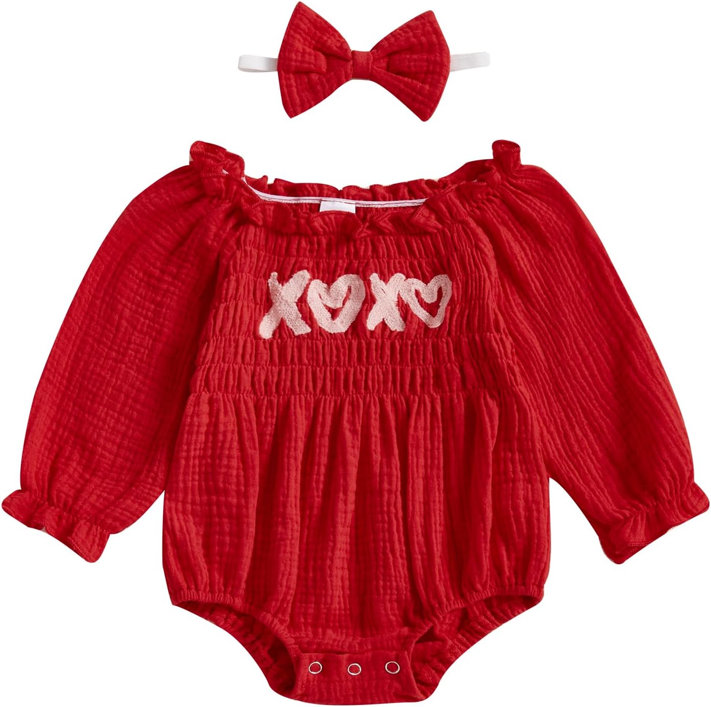 Lesimsam Newborn Baby Girl Valentines Outfit Embroidery Cotton Linen Smocked Bubble Romper Long Sleeve Bodysuit Headband
