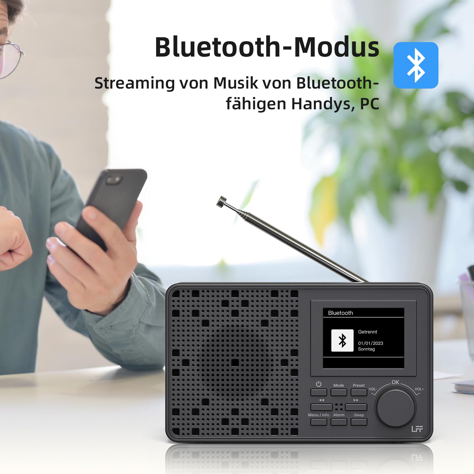 DAB Radio, LFF DAB Plus Radio, Dab Digitalradio, Digital Radios mit Bluetooth, Kleines Radios mit Netzstecker, Küchenradio Dab+ Batteriebetrieben UKW, 2,4" Farbdisplay Schwarz
