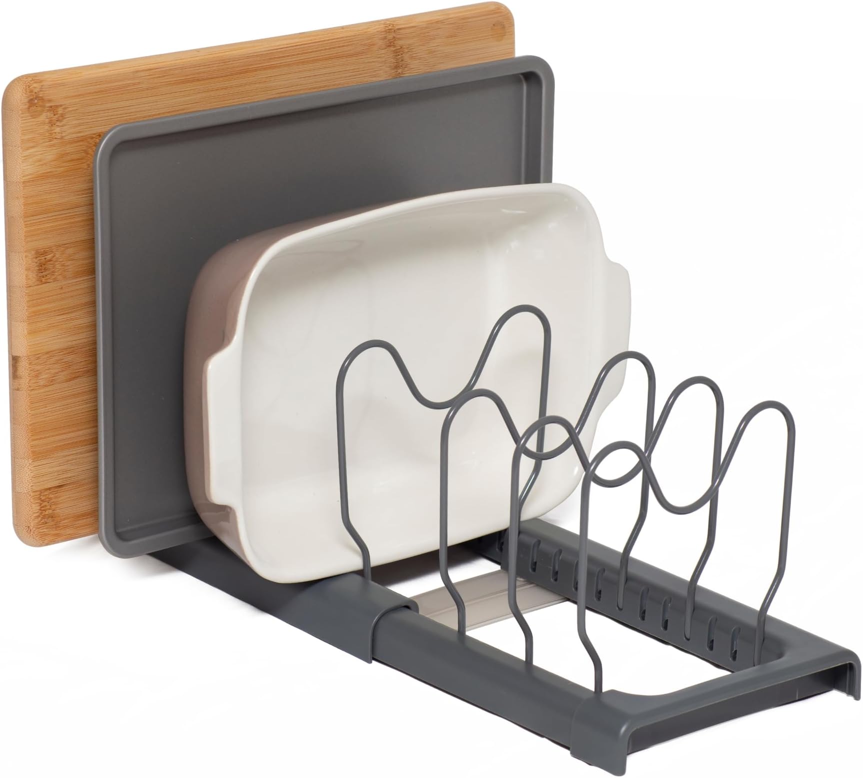 simplywire โ Expandable Baking Tray and Chopping Board Rack โ Pan Lid Storage - Kitchen Cupboard Organiser โ Grey