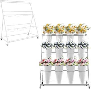 Flower Stand with Buckets, 3 Layers Flower Cart Display Stand, Heavy Duty Flower Bar Stand with Wheels 4 for Florist Shops, Floral Art Studios, Private Courtyards, Wedding and Event Decoration, White