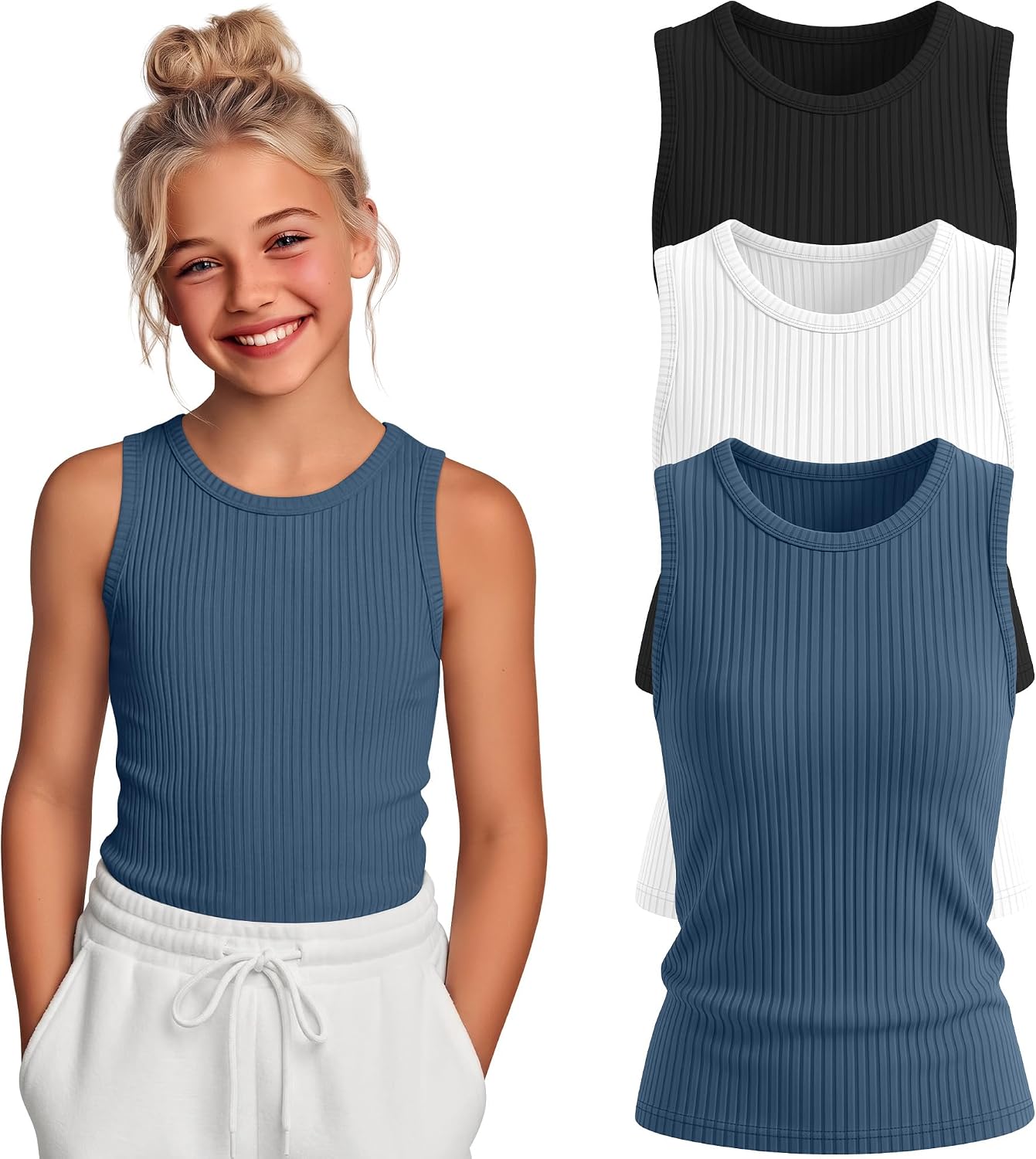 3 Pack Girls Ribbed Tank Tops