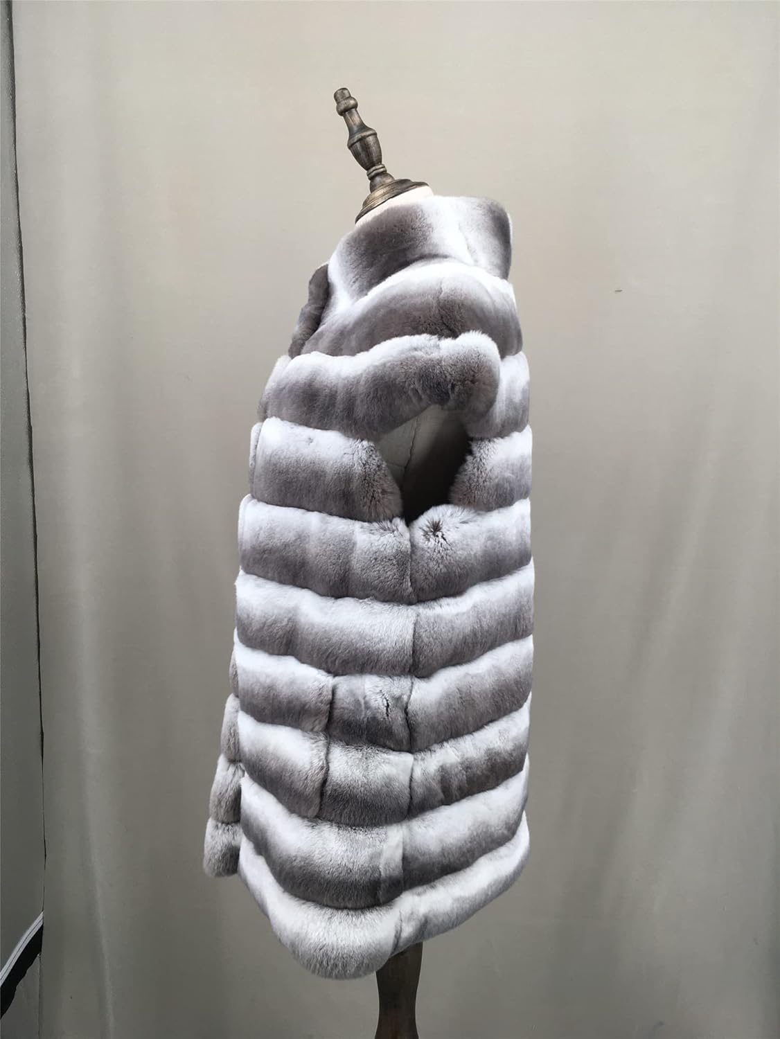 LVCOMEFF Women Real Rex Rabbit Fur Long Vest Brown Chinchilla Color Stripe