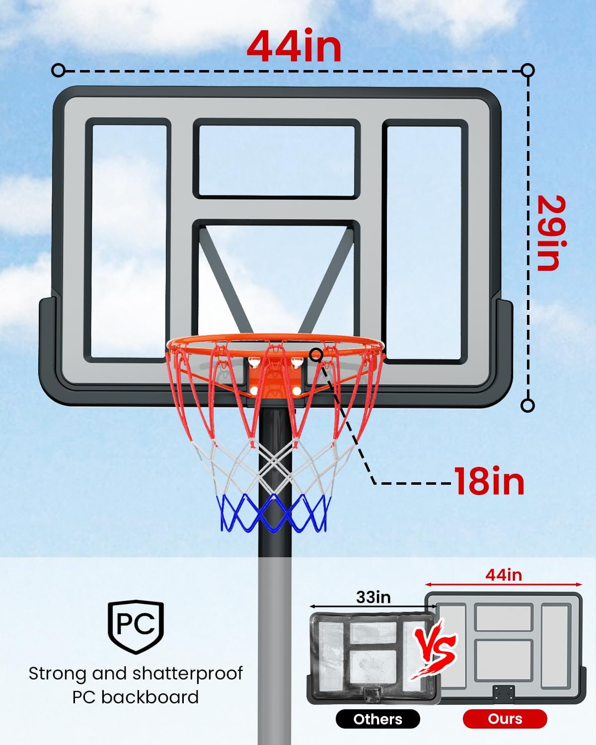 Basketball Hoop Outdoor 4.8ft-10ft Adjustable, Portable Basketball Goal System for Kids/Teens/Adults in Backyard/Indoor/Driveway, with 44in Shatterproof Backboard (4.8-10ft-Black)
