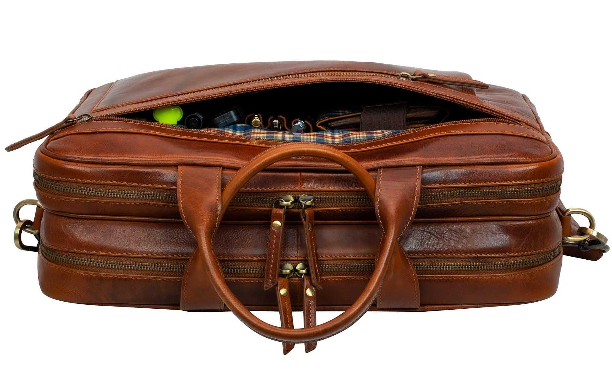Marc Peter Bolso bandolera de piel para ordenador portátil de 15,6 pulgadas, maletín para ordenador portátil, para hombre y mujer, Bronceado, Mittelgroß