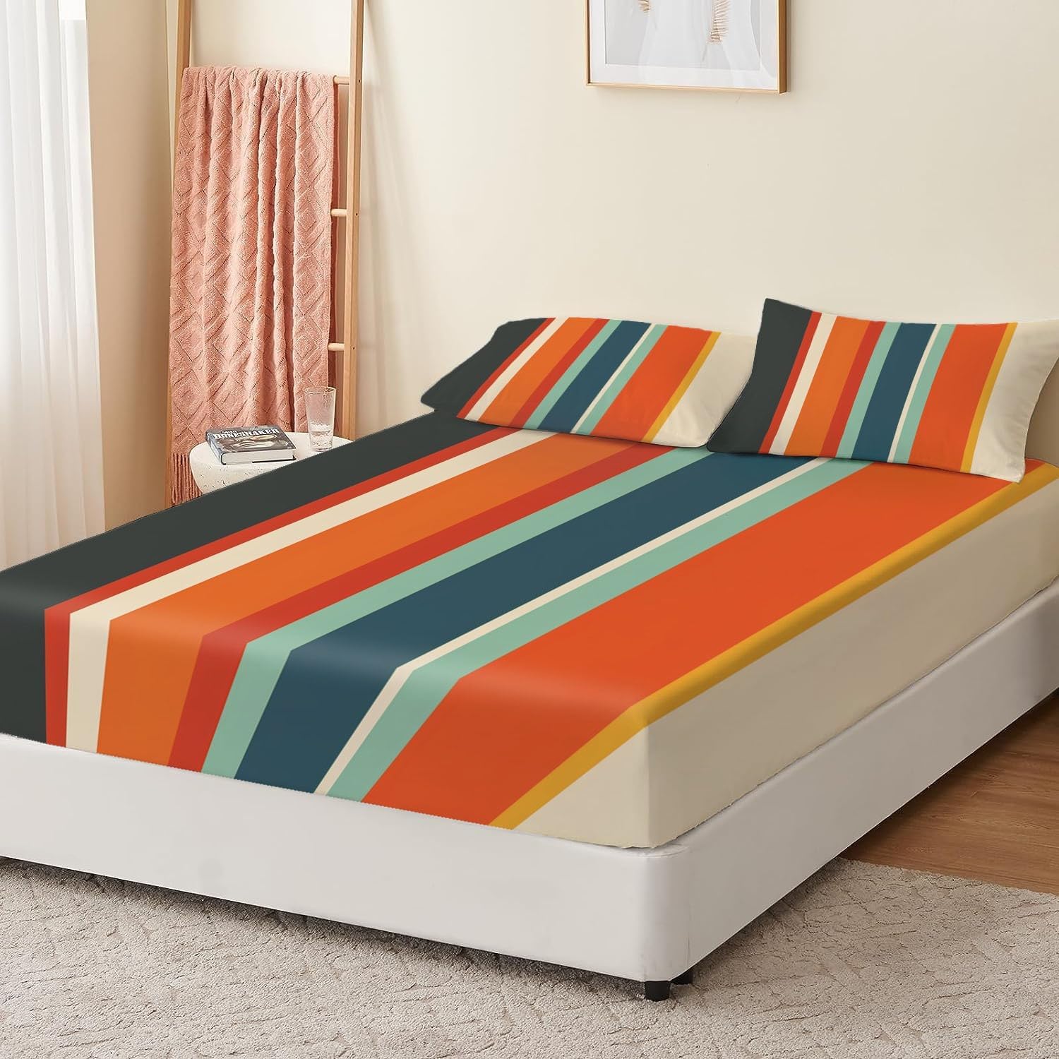 Print Fitted Sheet Set Queen Size for Kids Boys Girls, Bed Sheets Colorful Vertical Stripes Pattern Fitted Sheet Adults Flat Sheet Soft Luxury, Home Room Decor 4Pcs