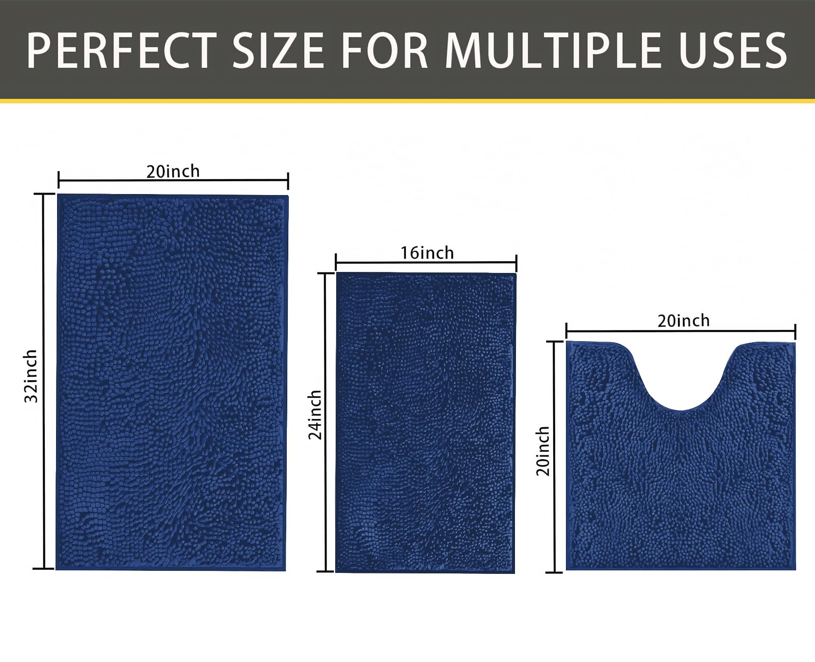 RUN HELIX Chenille Bath Mats Sets 3 Piece, Soft Absorbent Chenille Bath Mats, Non-Slip Bath Rugs, U-Shaped Toilet Mats - Image 2