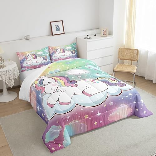 Miniatura 5 de Juego de ropa de cama tamaño individual para niñas con diseño de unicornio y arco iris, lindo juego de edredón Kawaii para decoración de habitación