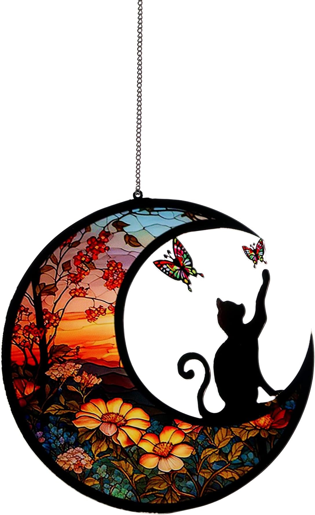 Homelavie Stain Glass Window Hanging, Cat Suncatcher Hanging Decor, Black Cat Catching Butterfly On Moon Halloween Decorations, Indoor Window Sun Catcher Panels for Cat Lovers Memorial Gift
