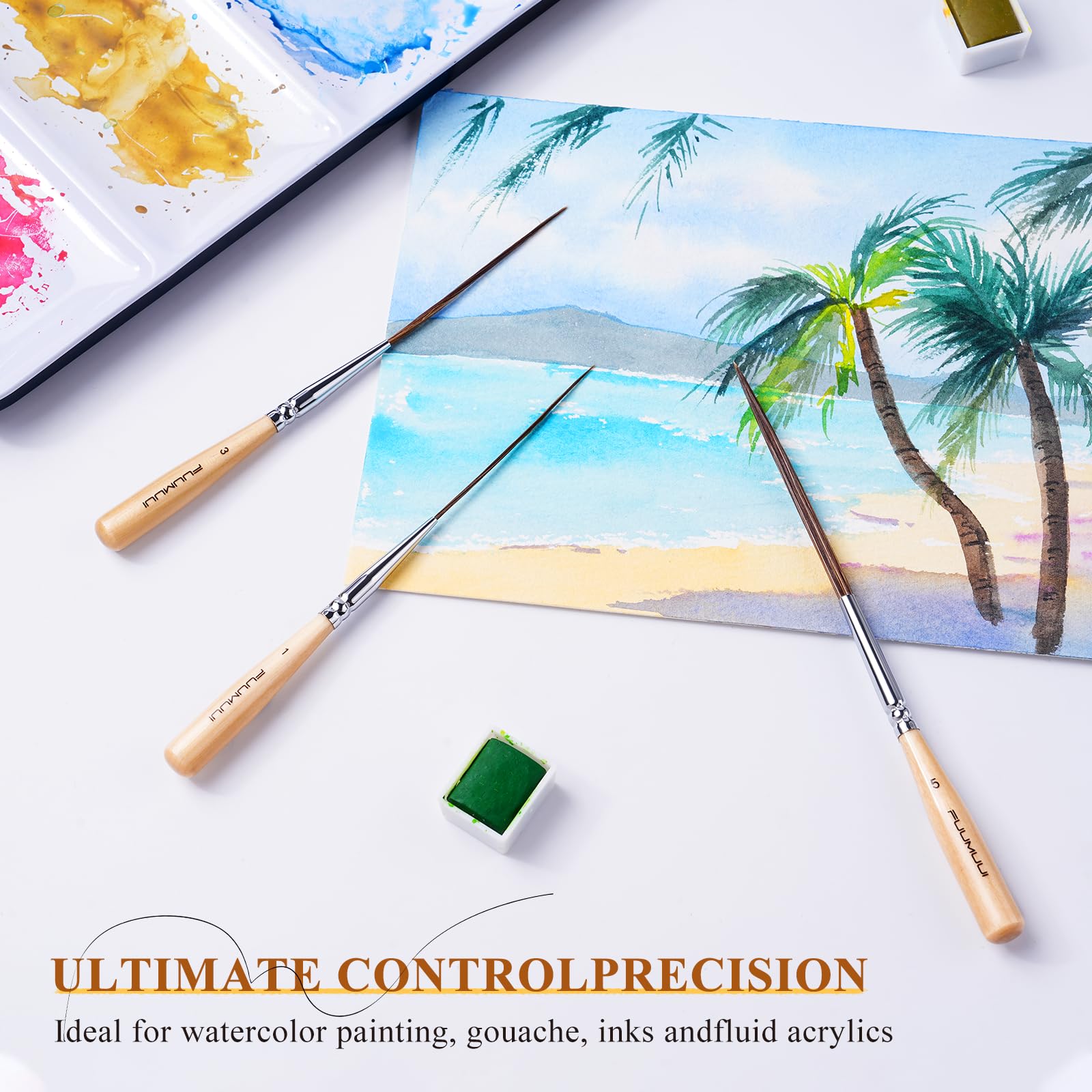 Fuumuui Pinceles de pintura largos de pelo de buey, grado artista, 3 unidades, varios tamaños para rellenar esquinas, marcar, contornear, crear bordes de borde, aceite acrílico acuarela