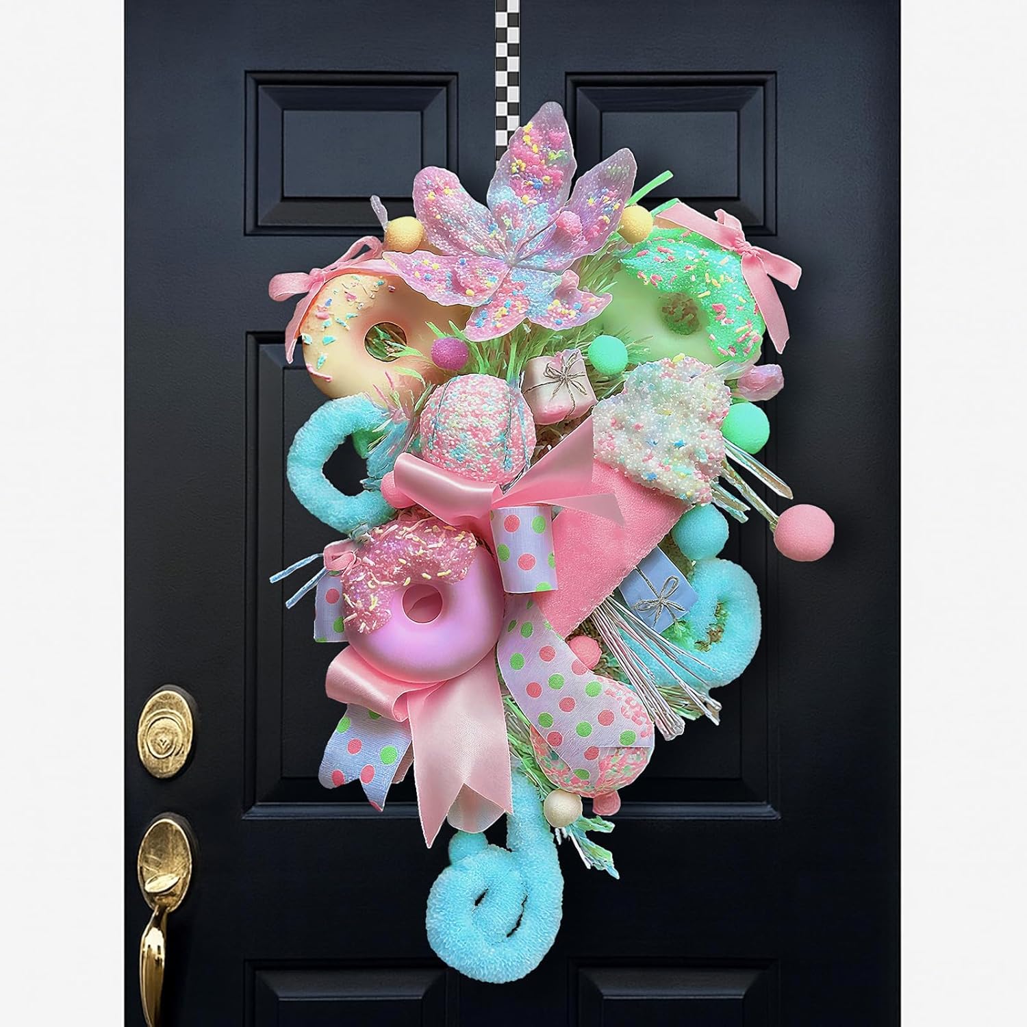 Retrowavy 18 Inch Pastel Christmas Teardrop Swag Decoration Xmas Candy Cane Tear Drop Swags Wreath with Ribbon Lollipop Sweet Donut Ice Cream Cake Curly Stem for Front Door Wall Fireplace Holiday