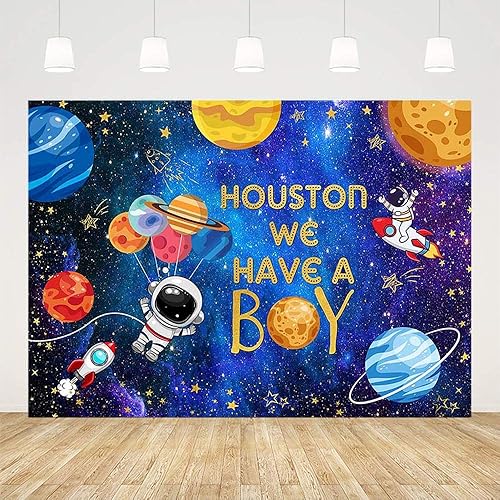 Miniatura 2 de Telón de fondo para baby shower de 7 x 5 pies para niños, con texto en inglés "We Have a Boy", cohete, astronauta, planeta, galaxia, estrella,