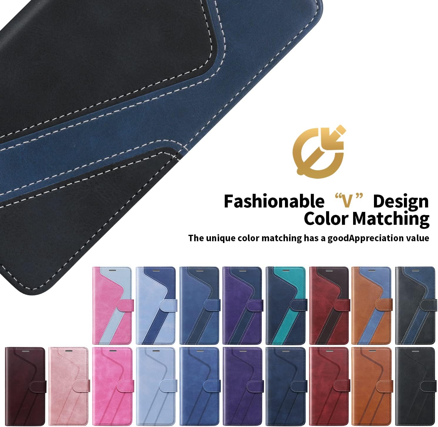 for iPhone 13 Pro Max Wallet Case,Leather Flip Case [RFID Blocking] Credit Card Holder Folio Magnetic Stand TPU Shockproof Cover Color Matching for iPhone 13 Pro Max (6.7") Black Blue - Image 7