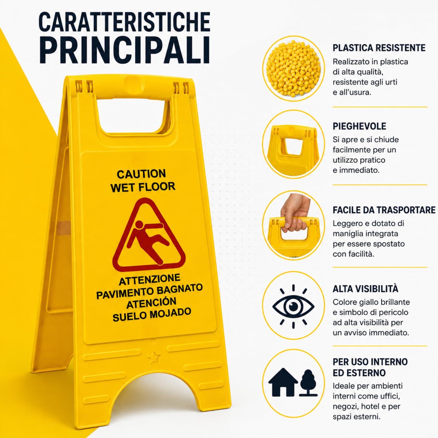 OWIJI Cartello Pavimento Bagnato Set 4 Cavalletti Pericolo Multilingue Bifacciale Segnale Autoportante Giallo Pieghevole 28x60 cm Plastica Alta Visibilità per Sicurezza Luoghi Pubblici e Lavoro