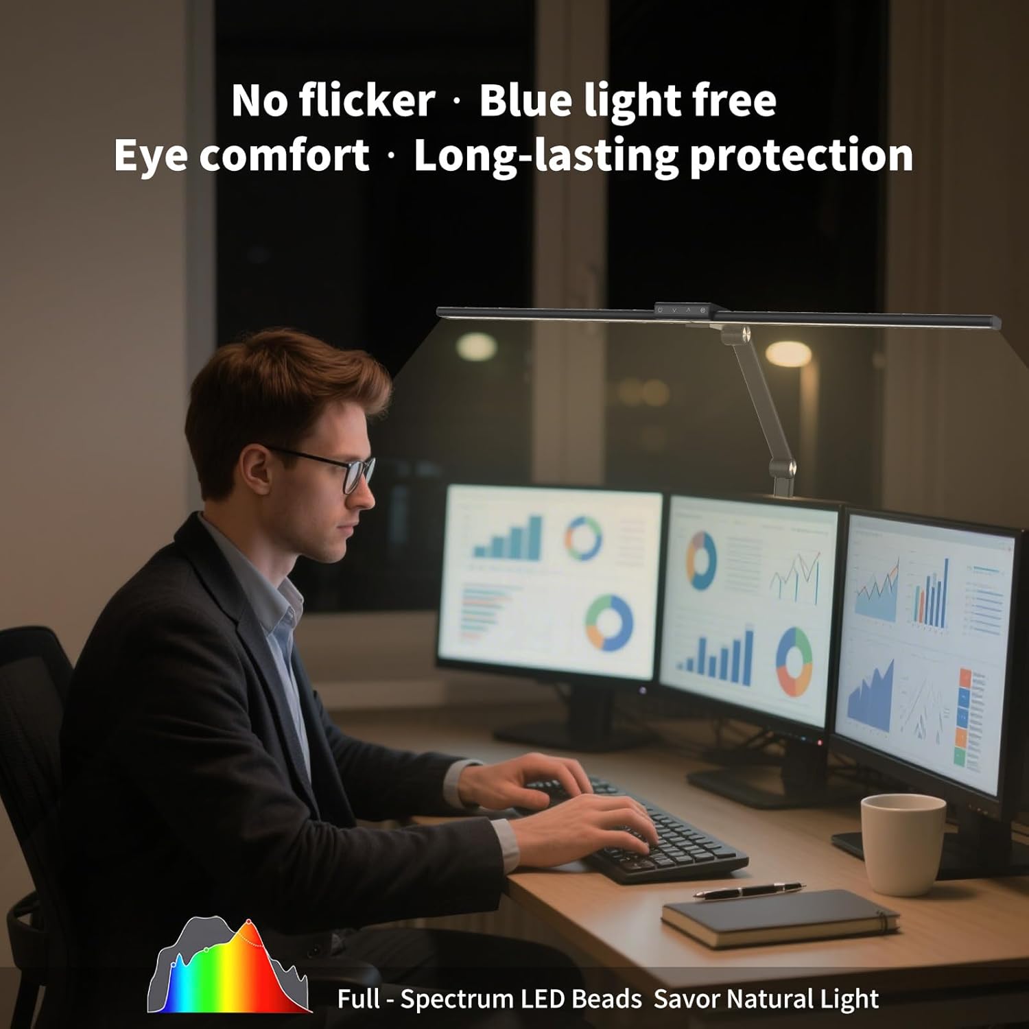 DS521SA Full Spectrum Desk Lamp – Sun Lamp 18W Eye-Care Table Light, CRI＞95, 4000K Color Temp, Stepless Dimming, Flicker-Free, Low Blue Light, Touch & Remote Control, for Study & Office