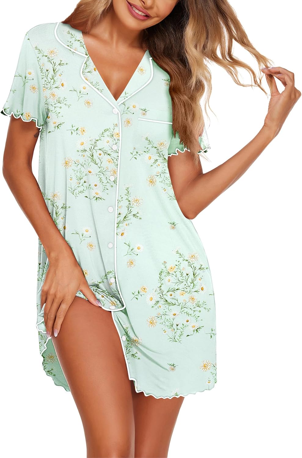 Ekouaer Nightgowns for Women Button Down Sleep Shirt Short Sleeve NightShirts Boyfriend Sleepdress Soft Pajama Dress