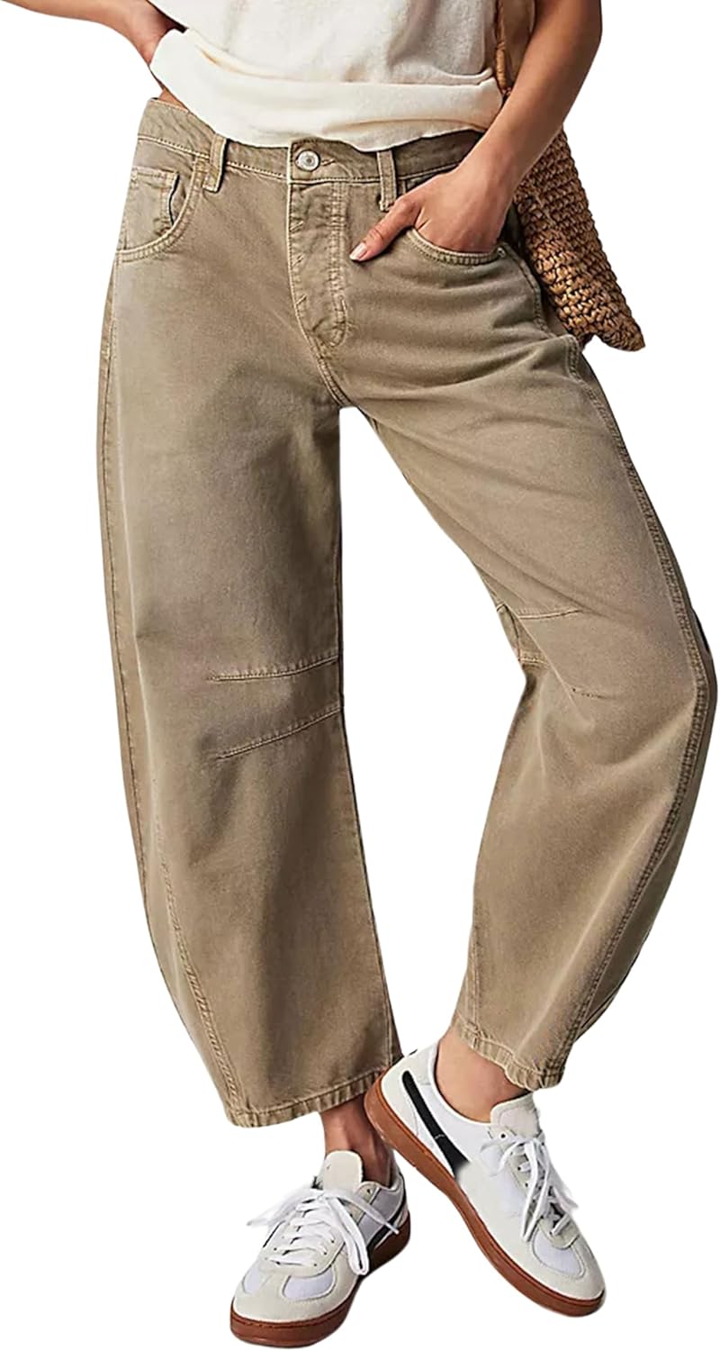 Womens Baggy Boyfriend Jeans Vintage Wide Leg Mid Rise Barrel Denim Ankle Pants Cropped Jeans,Khaki,Large