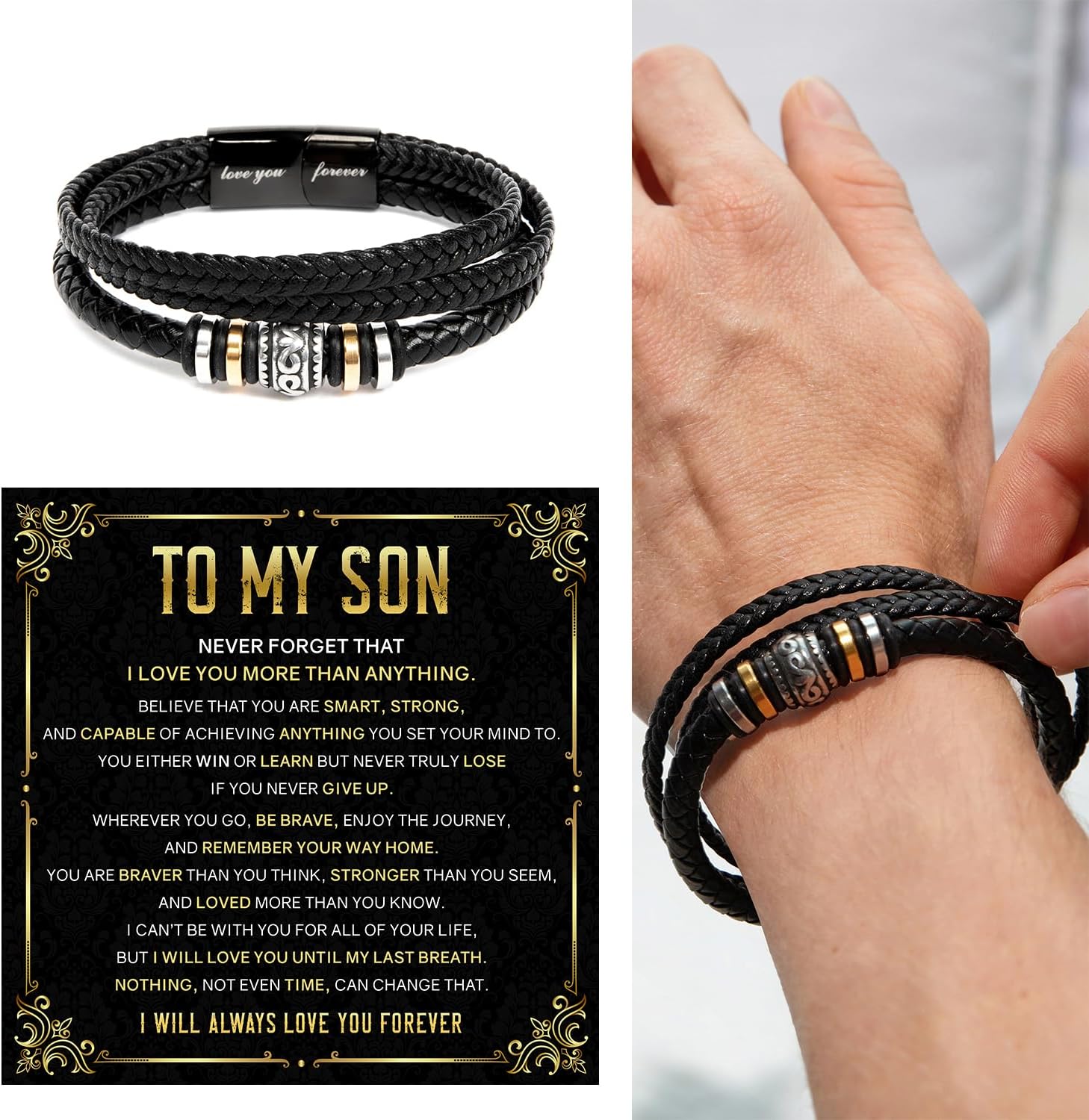 To My Son Bracelet – Love You Forever Braided Leather Bracelet from Father and Mother, Meaningful Men’s Gift with Heartfelt Message & Elegant Box for Birthday, Graduation, Christmas - Image 4