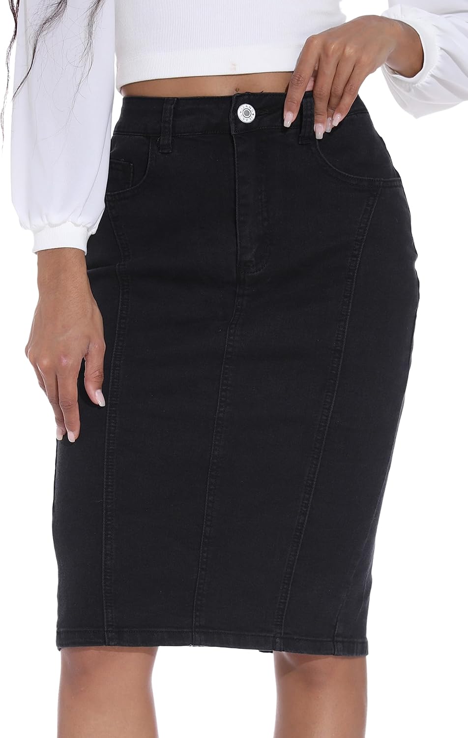 GUANYY Womens Denim Skirt-High Waisted Knee Length Slim Fit Pencil Stretch Jean Skirt