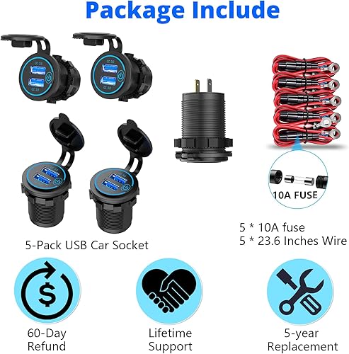 Miniatura 7 de Qidoe - Paquete de 5 salidas USB de carga rápida 3.0 de 12 V, impermeable, QC3.0, doble toma de corriente USB con interruptor táctil, enchufe de
