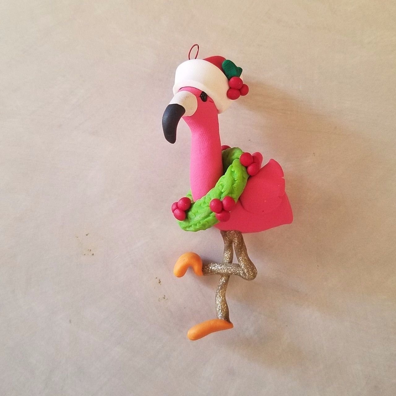 Pink Flamingo Christmas Ornament with Santa Hat and Wreath