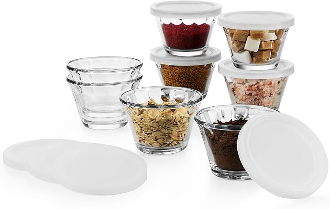 Libbey Small Glass Bowls, Glass Containers with Lids Set of 8 to Keep Leftovers Fresh, Meal Prepping and More, Dishwasher Safe Small Bowls for Dips