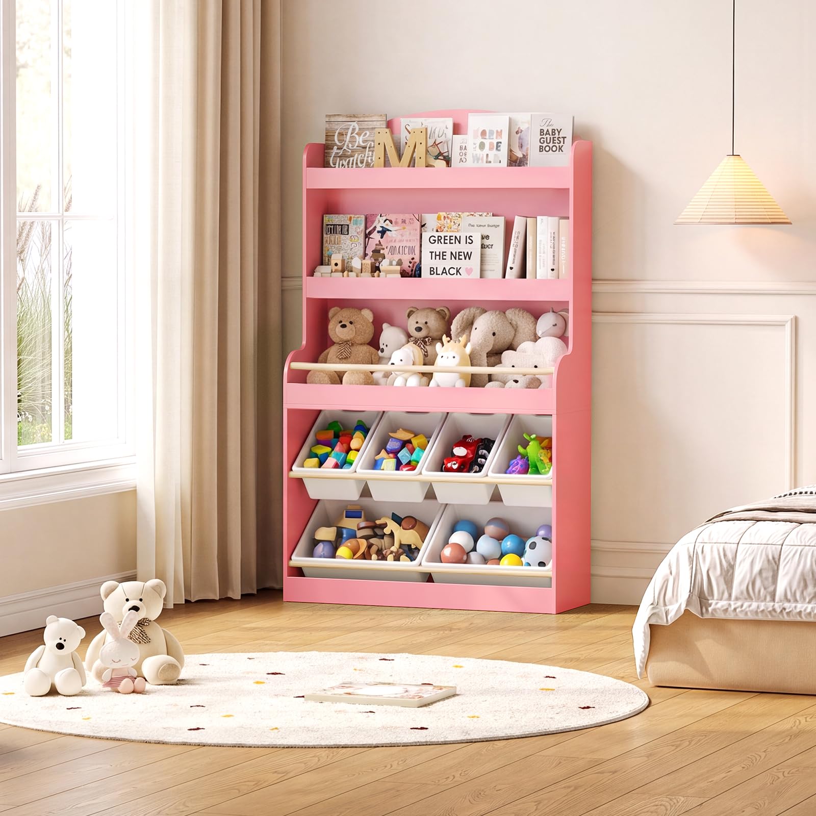 estantería infantil de almacenaje juguetes para niños con estantería y 6 cestas de juguetes extraíbles, 5 niveles con espacio de almacenamiento para juguetes, estanteria libros infantil (rosa)