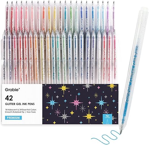 Grabie Juego de 42 bolígrafos de gel con purpurina con tapa, 18 bolígrafos iridiscentes y 24 bolígrafos de colores esenciales, punta redonda suave,