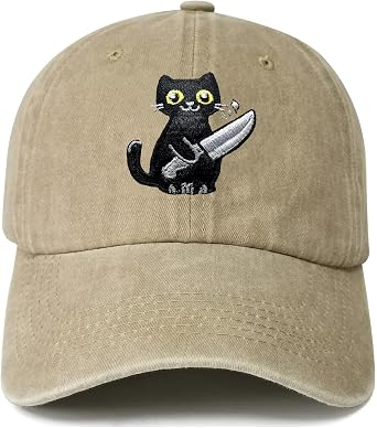 Black Cat with Knife Embroidered Baseball Cap Unisex Adjustable Strap, Casual Style