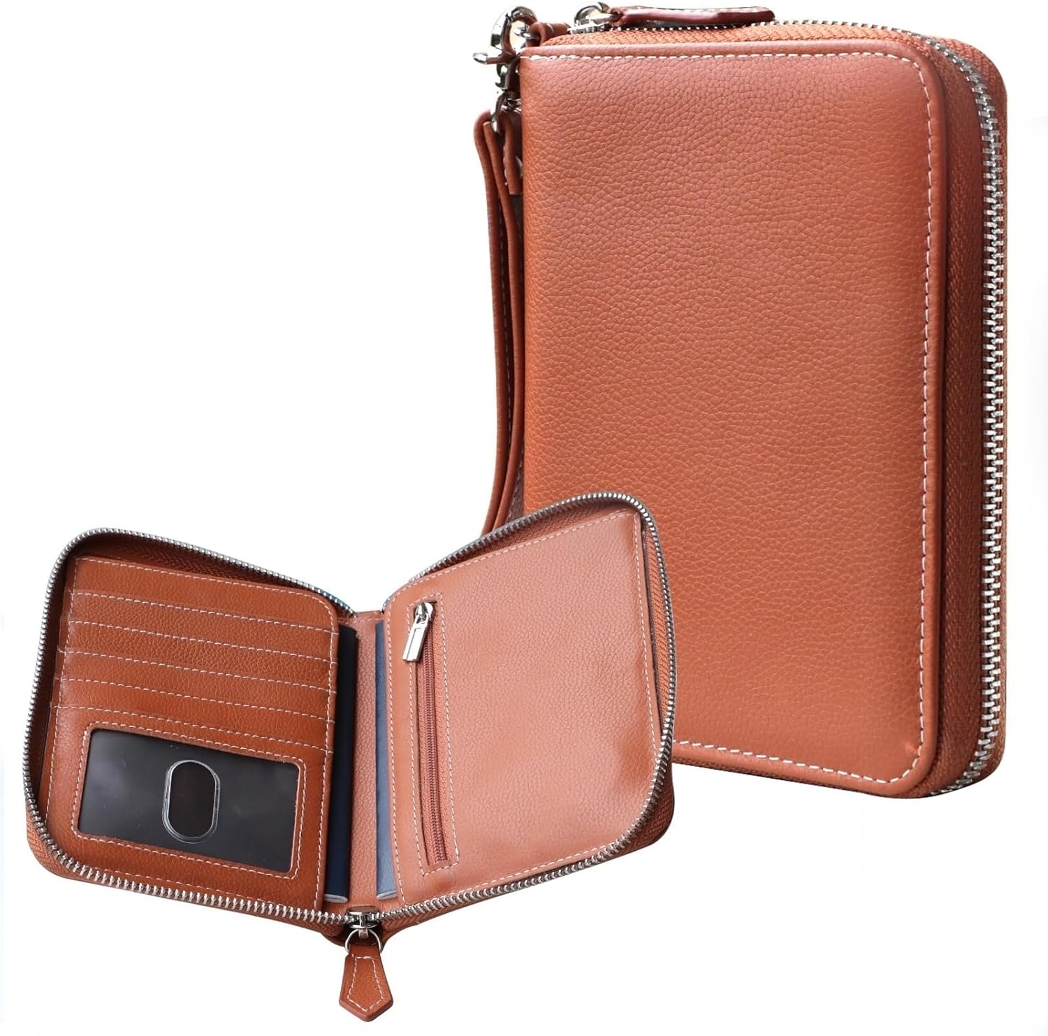 Genuine Leather RFID Passport Zip Wallet with Hidden Tracker Slot, Brown