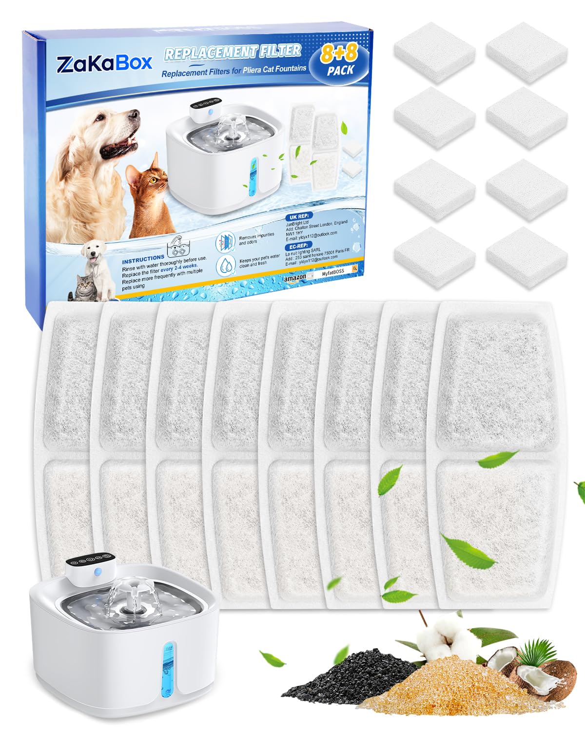 ZaKaBox 24Pcs Cat Water Fountain Filters, 12 Activated Carbon Pet Water Fountain Filters and 12 Sponge for Pliera Cat Fountains, Multi-Layer Filtration