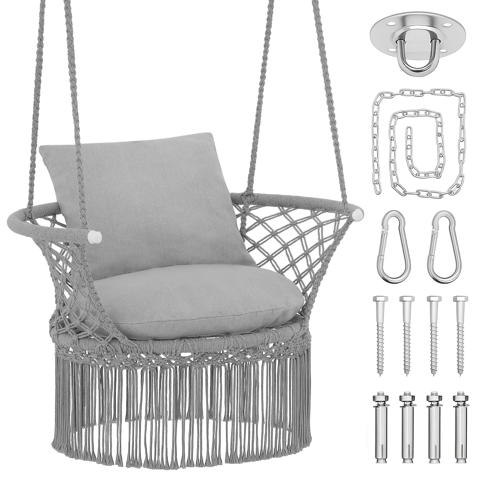 Magshion Boho Hanging Chair with Cushions, Macrame Swing Chair for Indoor and Outdoor Use, 350 lbs Capacity, Handwoven Cotton Hammock Seat, Gray