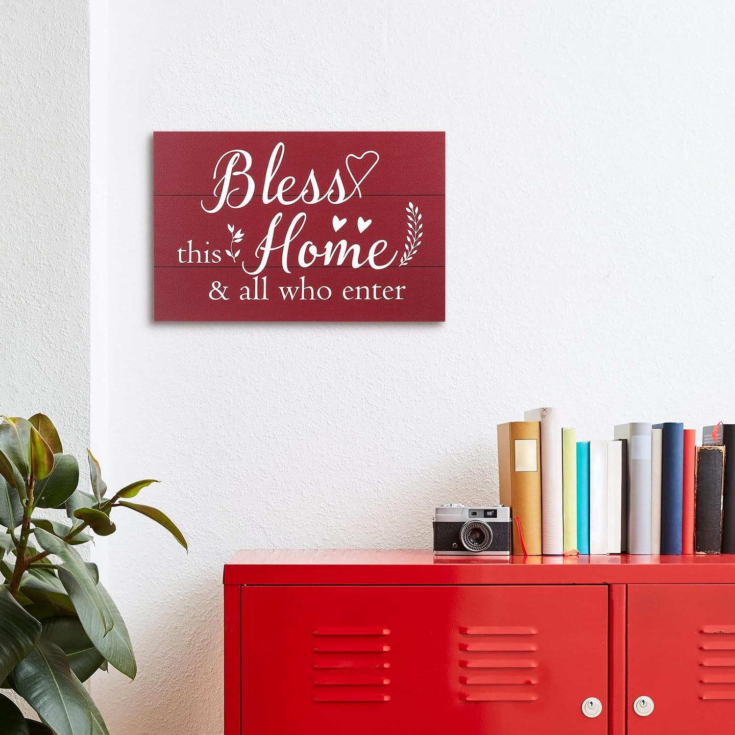 Blulu 11.8x7.8" Red Bless This Home Wooden Sign Farmhouse Wall Decor image 3