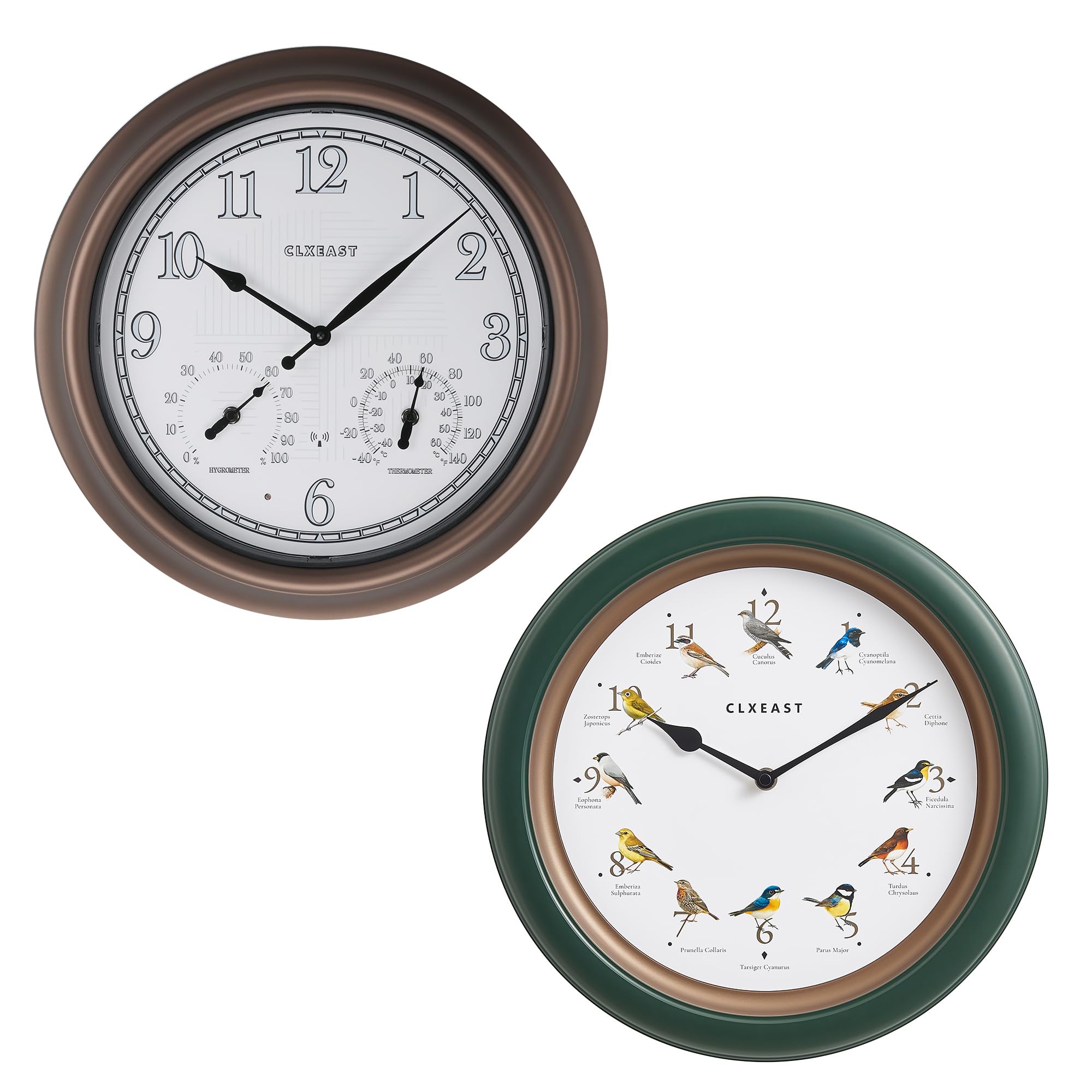 CLXEAST 18 Inch Illuminated Outdoor Indoor Atomic Analog Wall Clock &13.3 Inch Bird Clock That Sings on Hour,Singing Bird Clock with Nature Sounds from 6 am-9 pm and Silent Night Mode