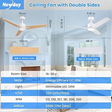 Newday Newday Plafondventilator met Lichten en Afstandsbediening, 122cm Witte Houten Plafondventilator met Lampen Dimbaar, Rustige Omkeerbare DC Plafondventilator met 6 Snelheden voor Woonkamer Terras photo 2