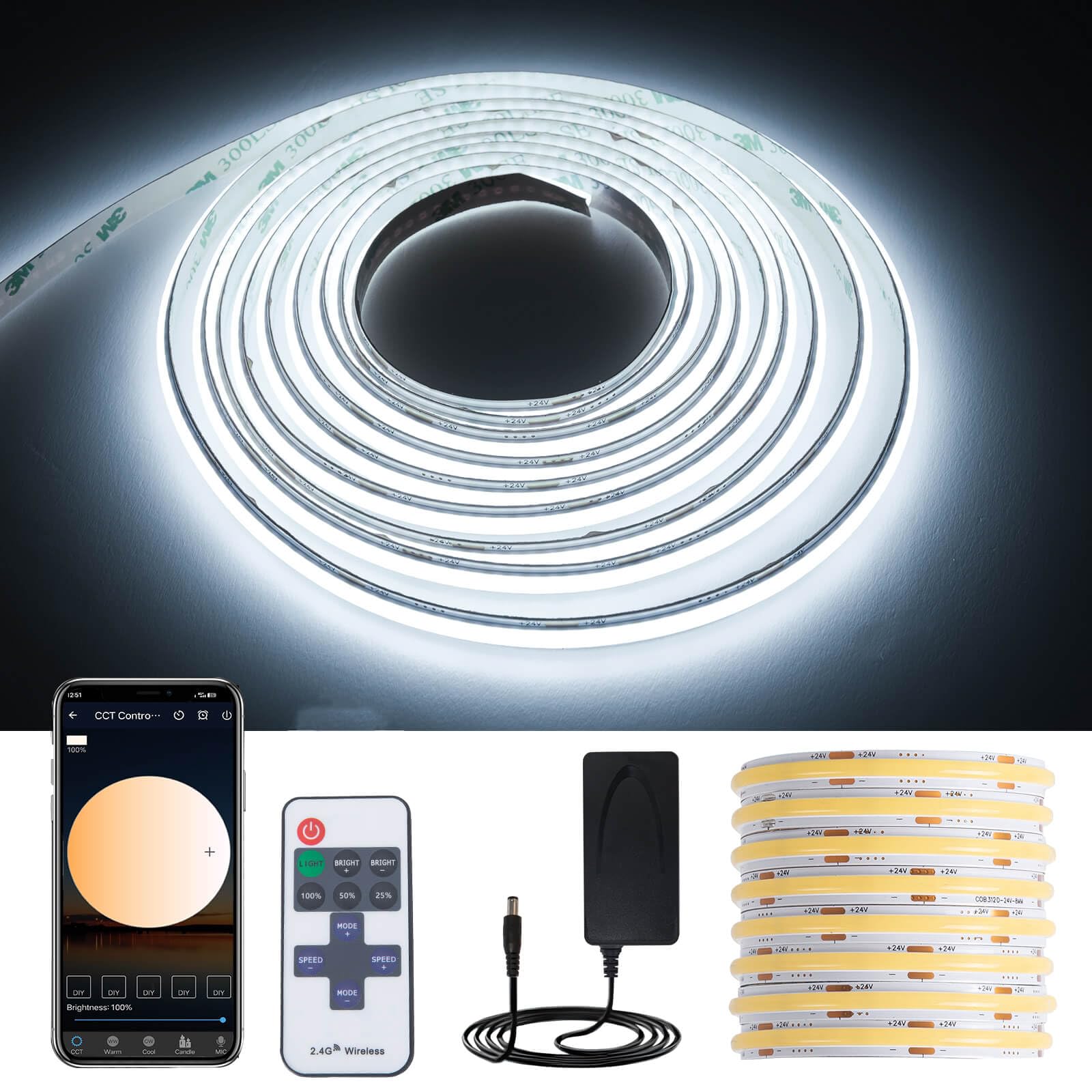 GIDEALED DC24V COB LED Streifen Kit 6000K Kaltweiß,Dimmbar 8m Flexibler COB LED Strip Light mit RF Fernbedienung/Bluetooth Controller/24V Netzteil für DIY Dekoration im Homeoffice,CRI90+