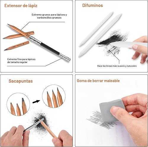 Miniatura 4 de Lápices de dibujo, suministros de arte, kit de lápices de boceto para niños y adultos, juego de lápices de arte de grafito de carbón profesional