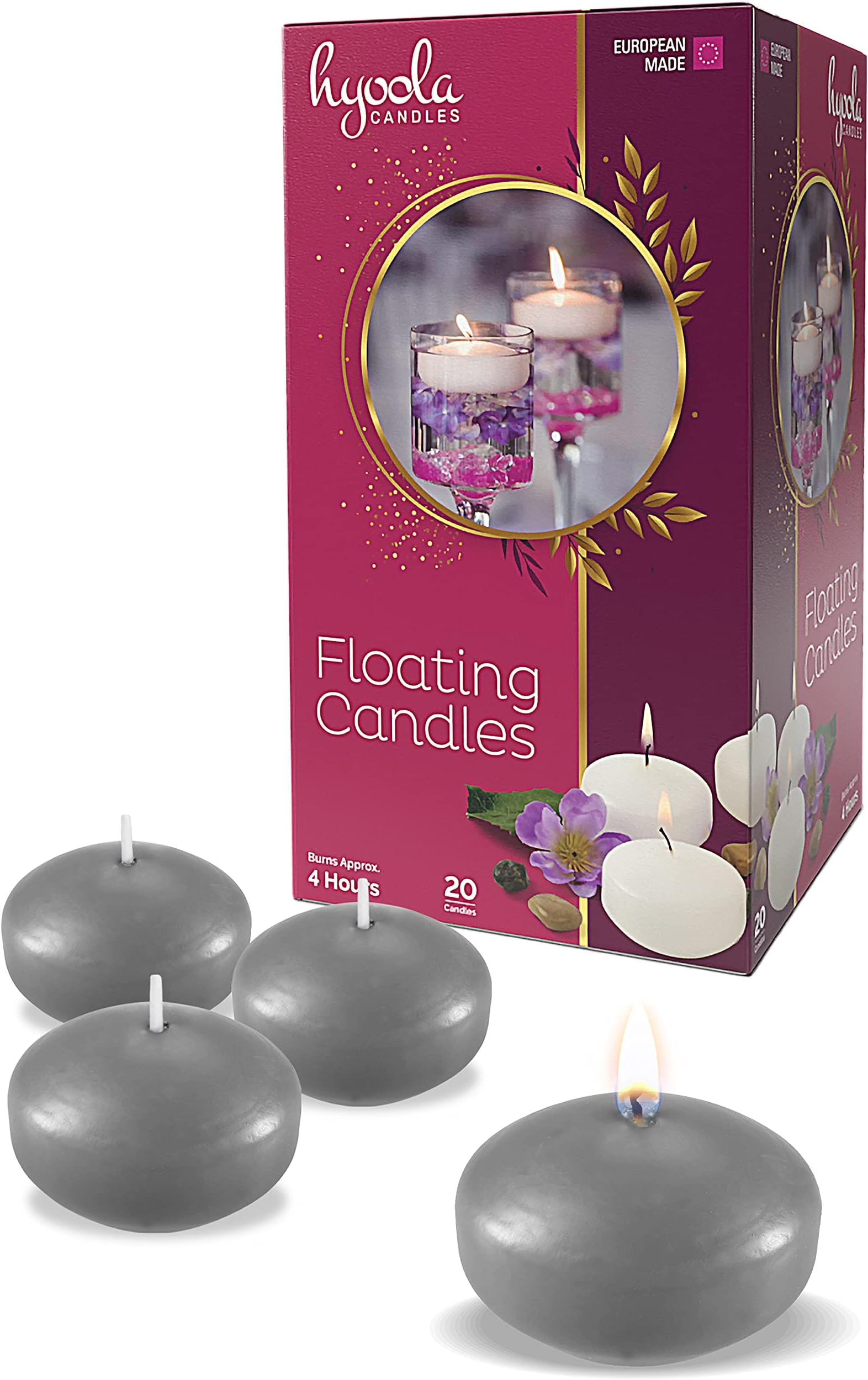 HyoolaPremium Dark Grey Floating Candles 1.75 Inch - 3 Hour Burn Time - Made in Europe - 20 Pack