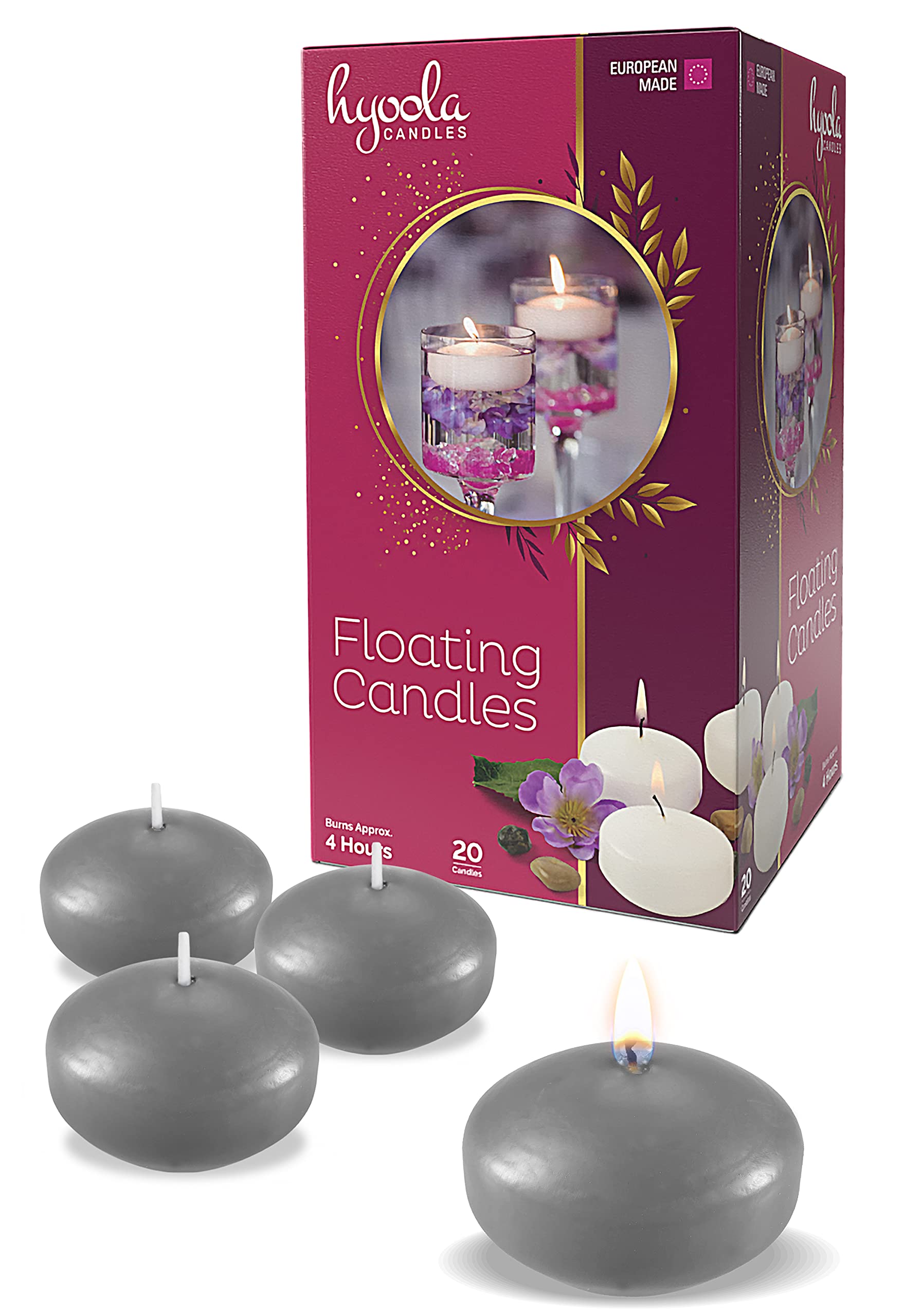 HyoolaPremium Dark Grey Floating Candles 1.75 Inch - 3 Hour Burn Time - Made in Europe - 20 Pack