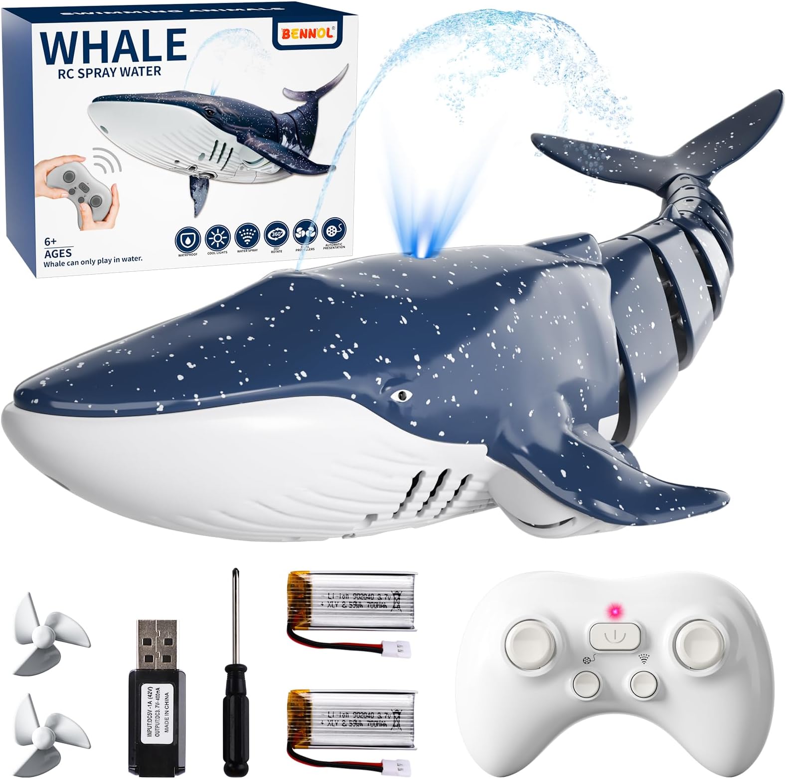 2.4Ghz Remote Control Whale Shark Toys for Boys Kids, 1:18 Scale High Simulation Whale Shark for Pool, Electric RC Shark Fish Toys with Light & Spray Water Function for 4 5 6 7 8 9 Year olds Kid