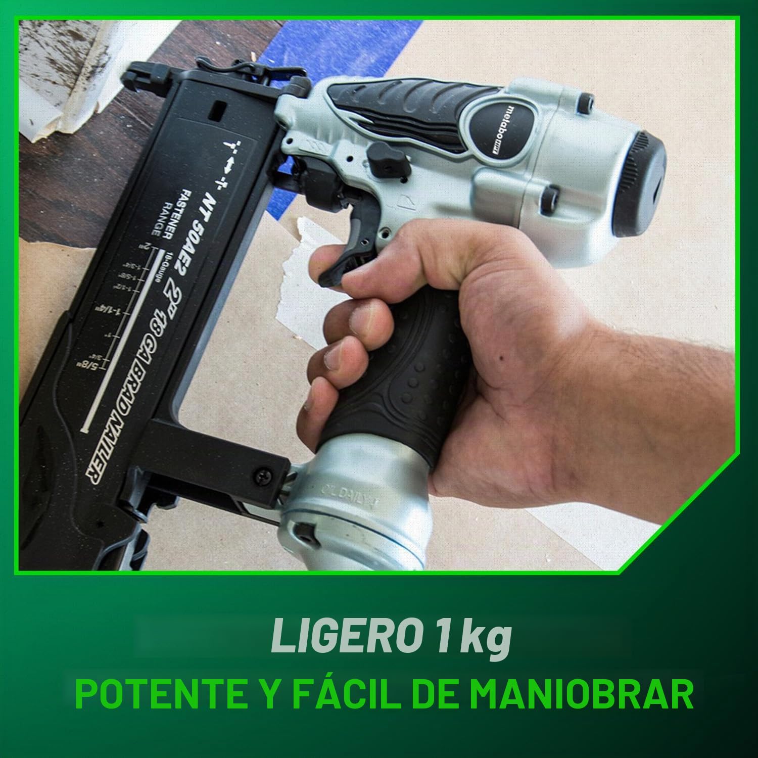 Metabo HPT Clavadora Brad NT50AE2 - Clavadora neumática ligera para trabajos de corte de precisión y construcción de muebles, profundidad ajustable, calibre 18, clavos de 5/8 pulgadas hasta 2 pulgadas