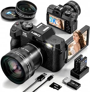 5K Digital Camera for Photography, 64MP, Autofocus & Anti-Shake, 16X Zoom, WiFi, Wide-Angle & Macro Lens, 64GB TF Card, Vlogging Camera for YouTube & Travel (Black)