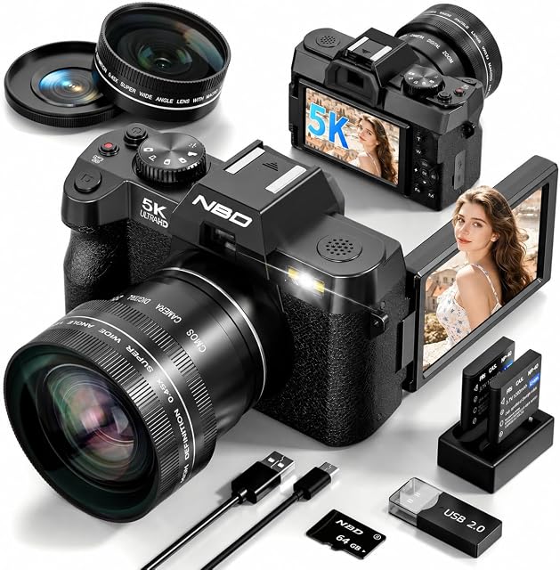 5K Caméra numérique pour la photographie, 64MP, Autofocus & Anti-Shake, 16X Zoom, WiFi, Grandes lignes & Lentille macro, 64GB TF Carte, Caméra Vlogging pour YouTube & Voyages (Noir)