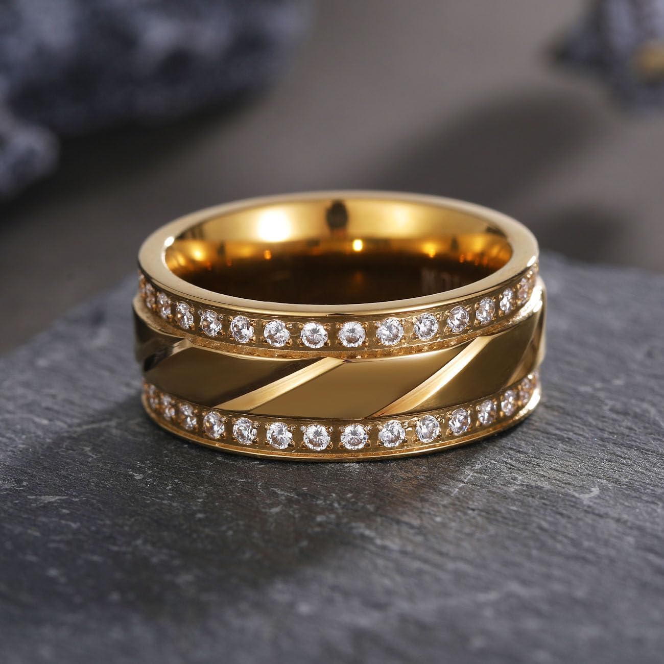Yellow Gold Plated AAA CZ Titanium Steel Mens Ring Men Wedding Band Man Ring