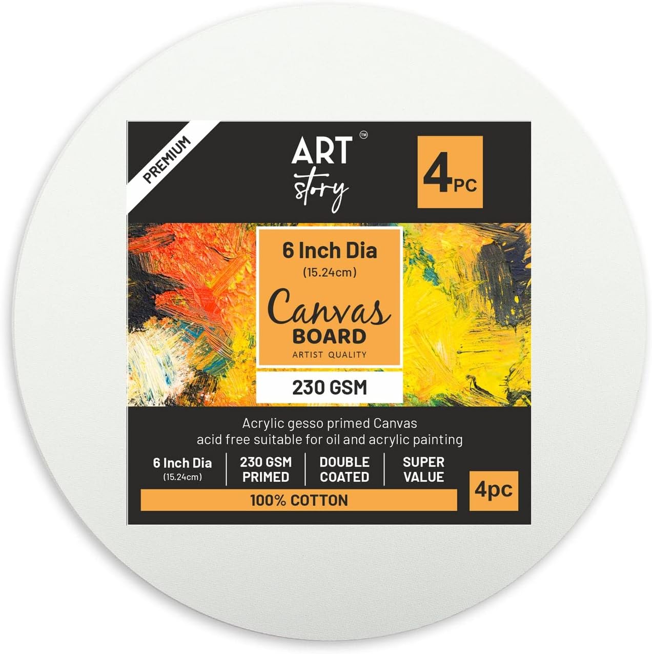 Little BirdieArt Story Canvas Board Round 6inch Dia 230gsm 2mm |Canvas Painting Board for Acrylic Painting, Oil, Watercolor Paint| Canvas for Painting with MDF| Primed Canvas Boards(Pack of 4)