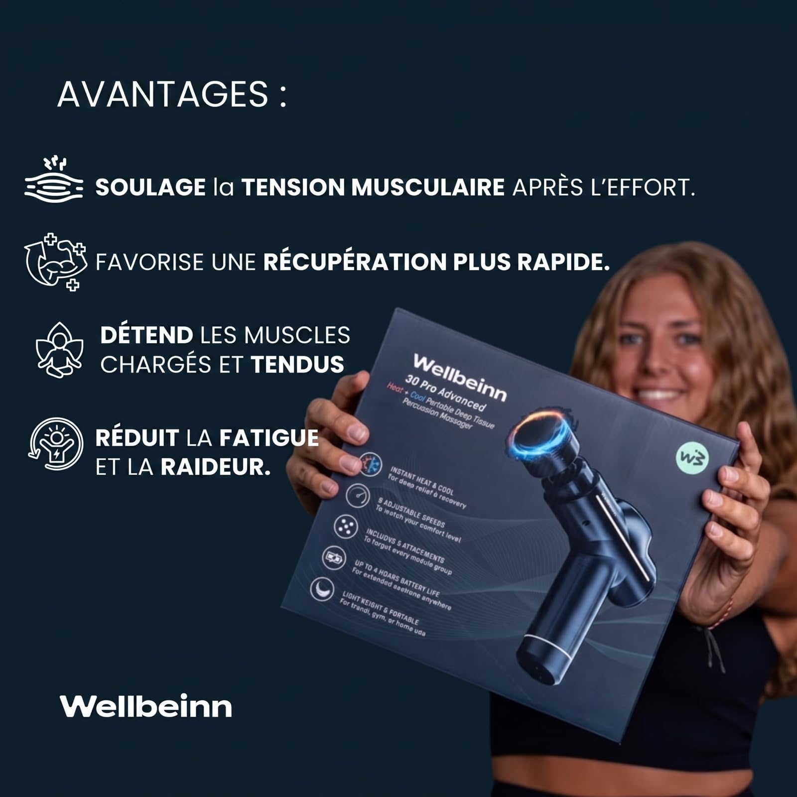 WELLBEINN Pistolet de Massage Musculaire Chaud et Froid | Massage Gun Professionnel Tissus Profonds | 5 Vitesses | 5 Têtes de Massage